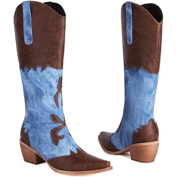 Cozivwaiy Low Heels Women Brown Synthetic Patchwork Knee High Mid Calf Toe Boots - Picture 1 of 8